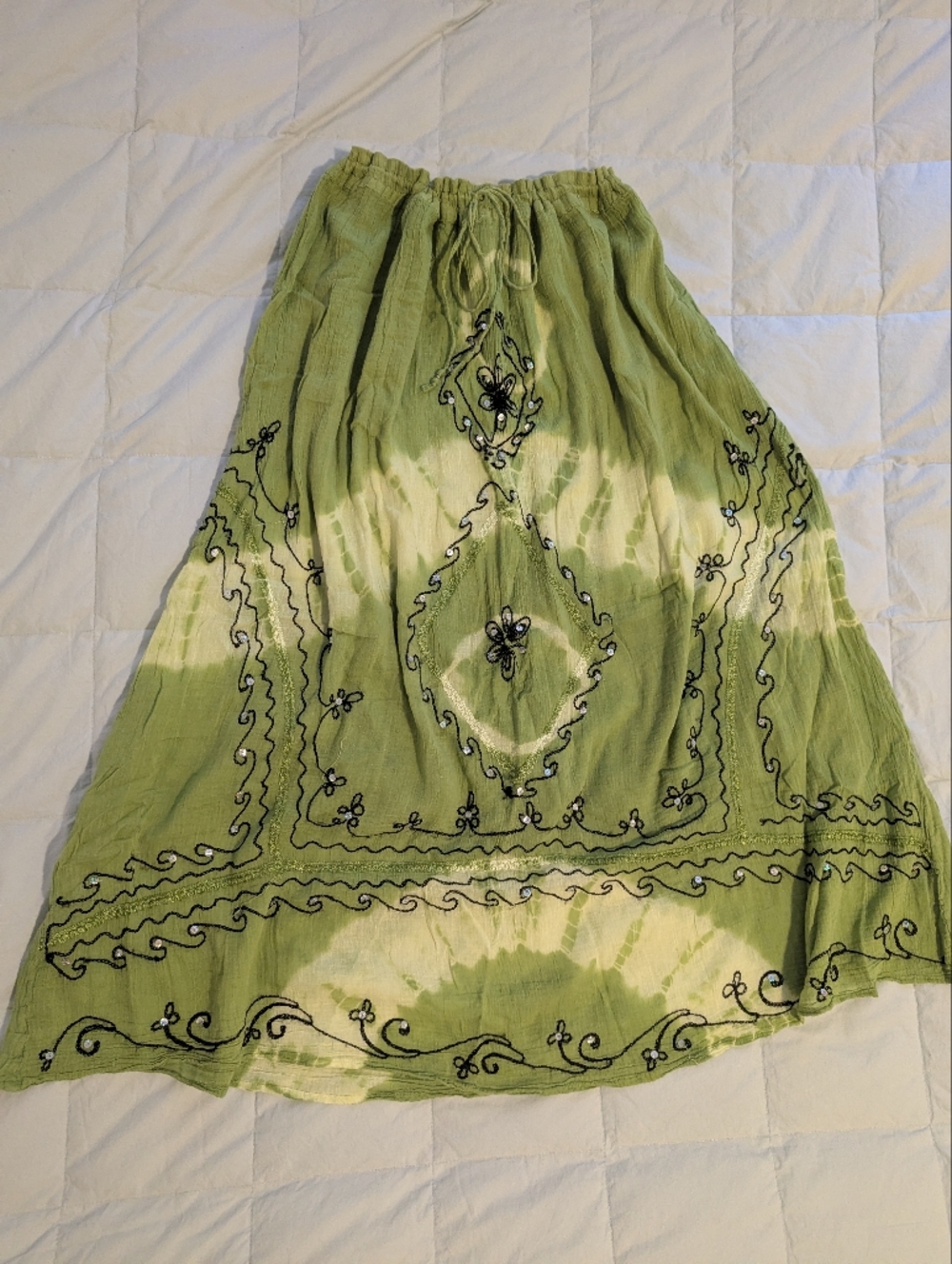 Bohemian Green Tie-Dye Embroidered Maxi Skirt